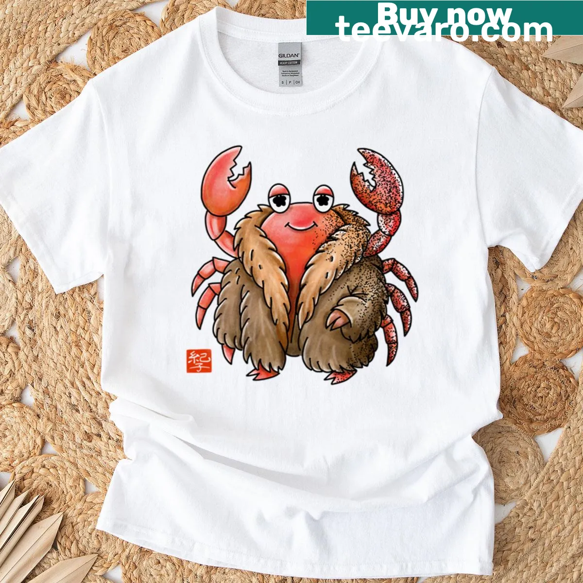 Illustrative Kegani crab T-shirt celebrating Hokkaido's seafood — on a men's t-shirt