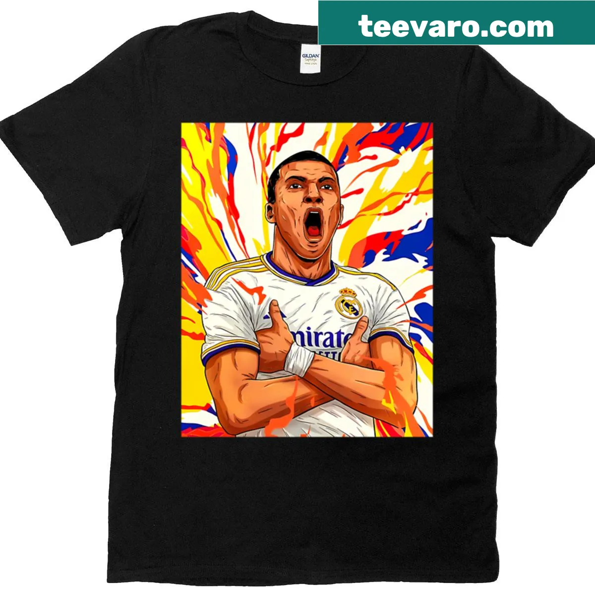 T-shirt featuring Kylian Mbappe graphics linked to Real Madrid football. — on a men's t-shirt