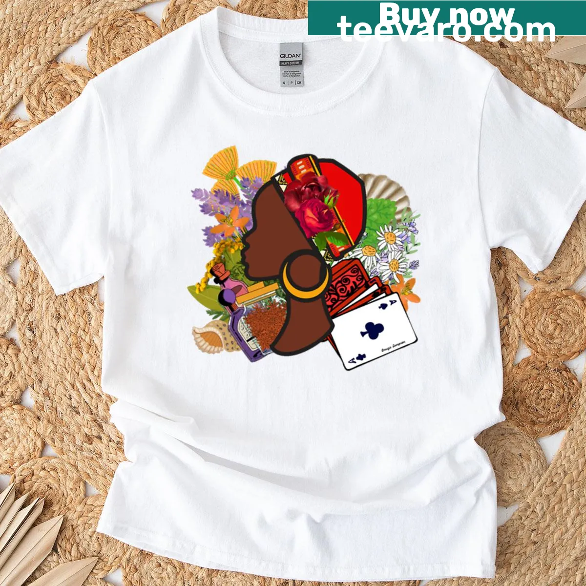Illustrative floral T-shirt featuring La Madama Flor design — on a men's t-shirt