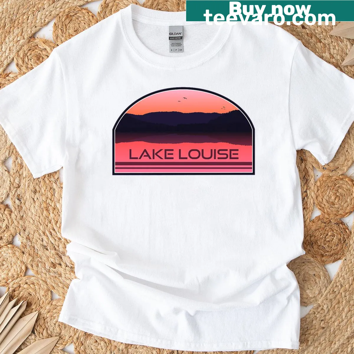 Illustration of Lake Louise at sunrise on a t-shirt — on a men's t-shirt
