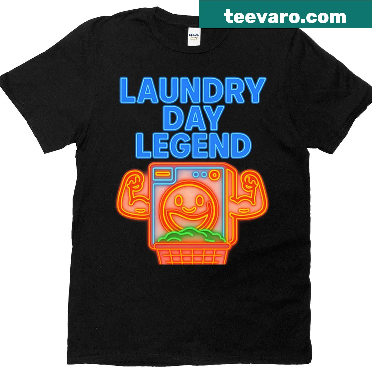 Funny T-shirt with neon washing machine and 'Laundry Day Legend' text — on a men's t-shirt
