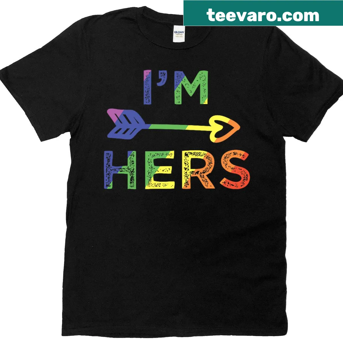 Matching t-shirts for a lesbian couple with 'I'm Hers' and 'She's Mine' — on a men's t-shirt