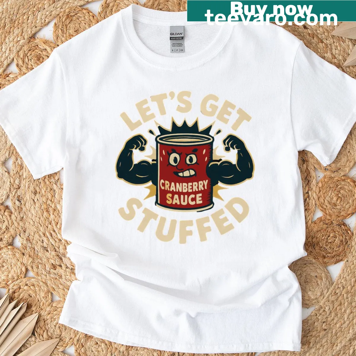 Funny cranberry sauce and muscles humor t-shirt — on a men's t-shirt