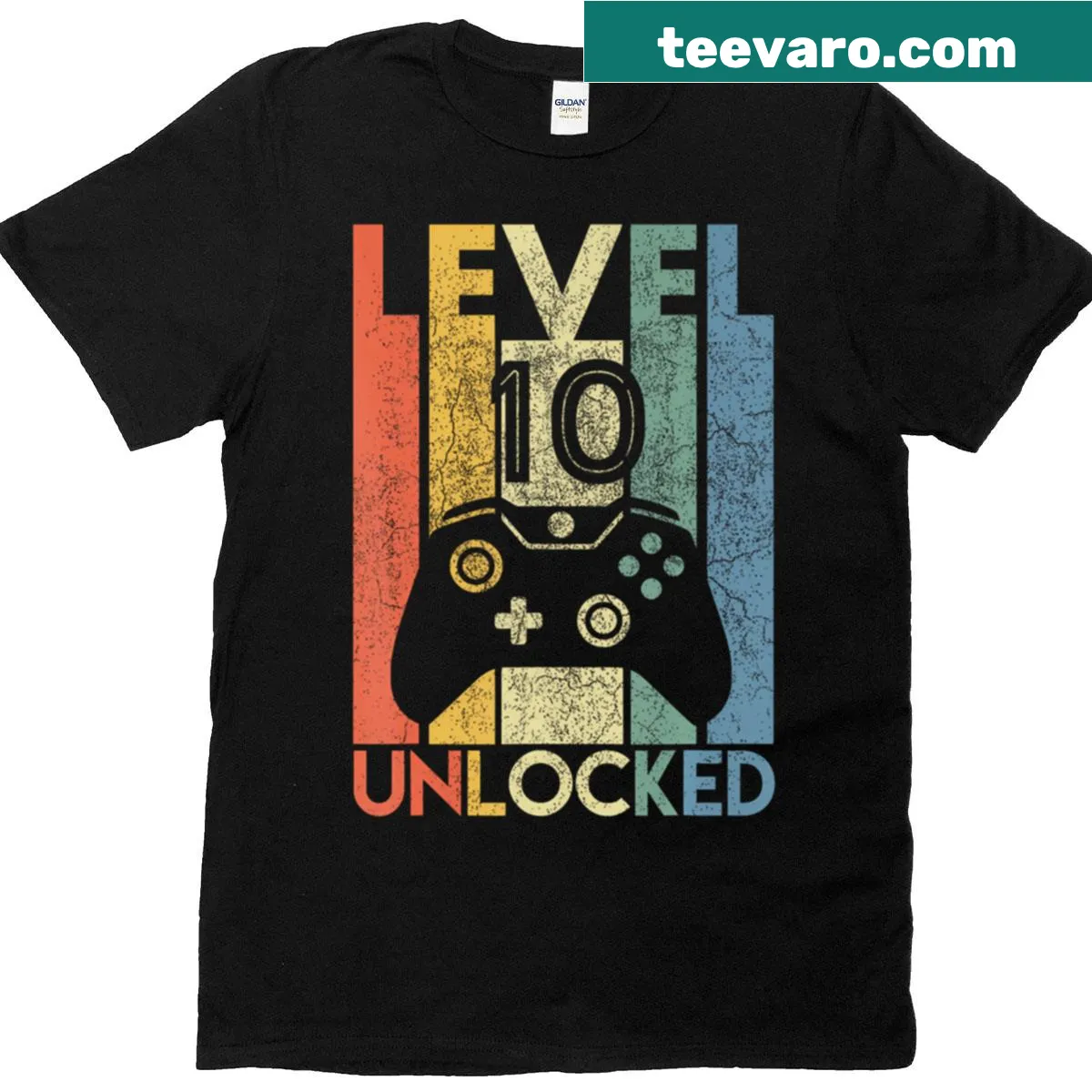 Funny gamer t-shirt with 'Level 10 Unlocked' text for kids — on a men's t-shirt