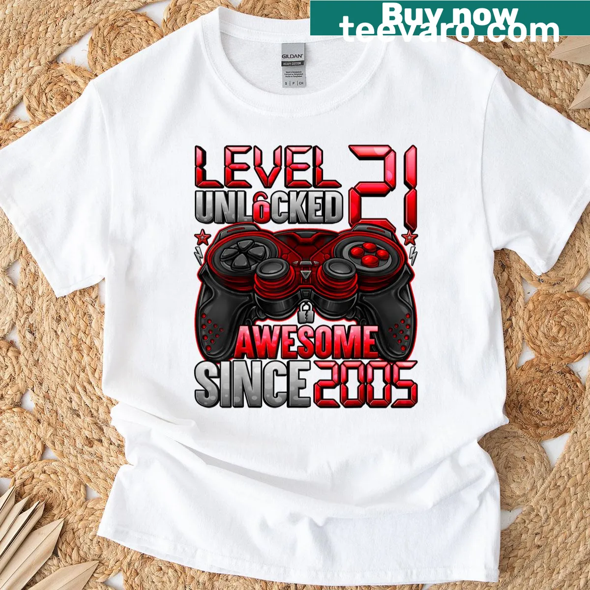 Level 21 Unlocked graphic T-shirt for 21st birthday celebration — on a men's t-shirt