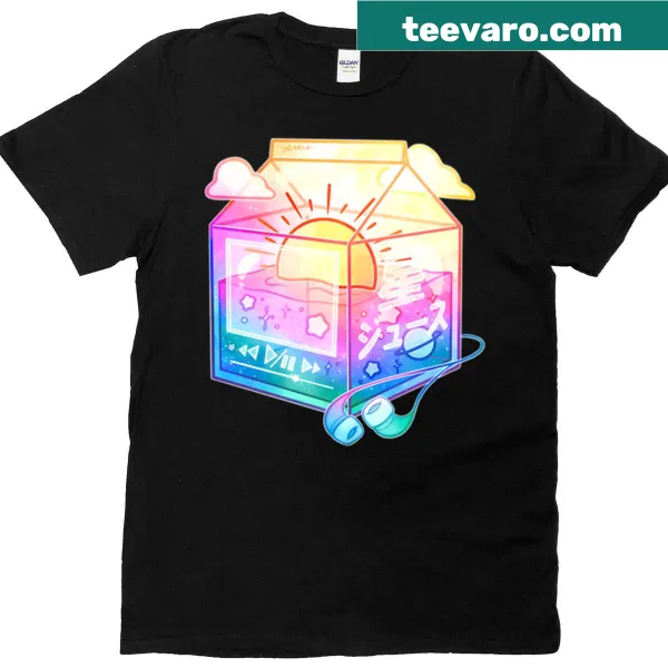 Illustrated juice carton with sunset design on a T-shirt