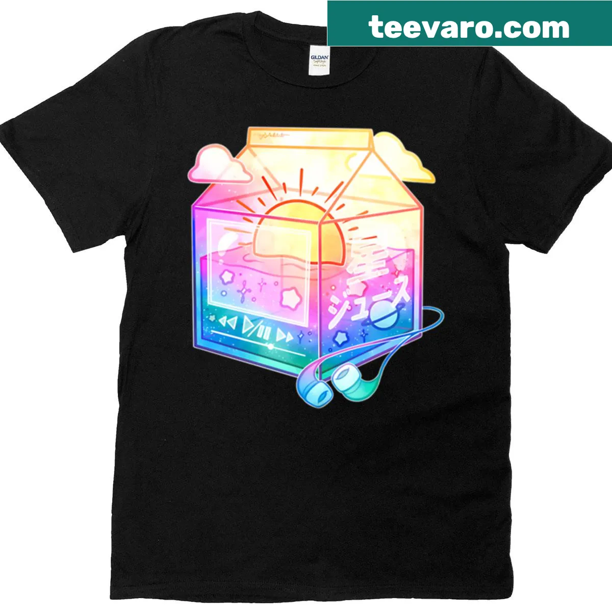 Illustrated juice carton with sunset design on a T-shirt — on a men's t-shirt