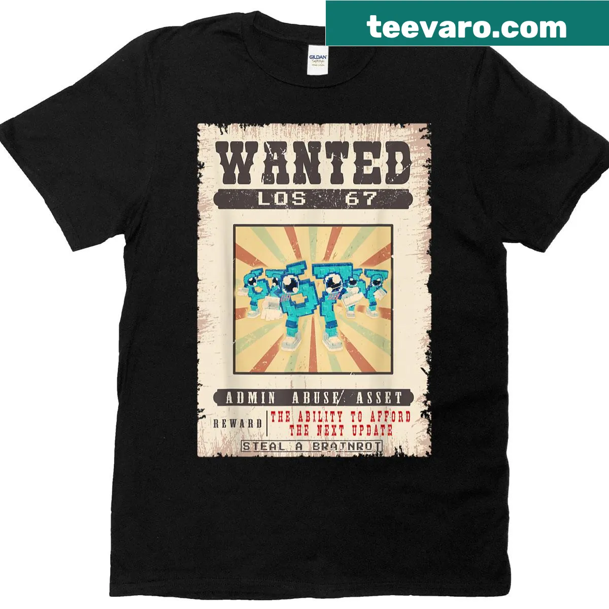 Funny wanted poster graphic featuring humorous brainrot theme — on a men's t-shirt
