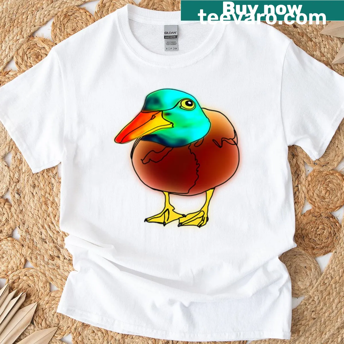 Mallard duck wearing a duck hat in an illustrated design — on a men's t-shirt