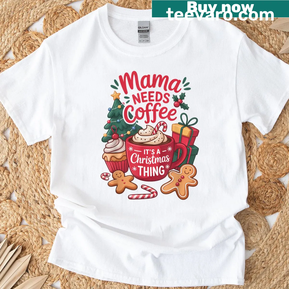 Funny Christmas shirt for moms that says 'Mama Needs Coffee' — on a men's t-shirt