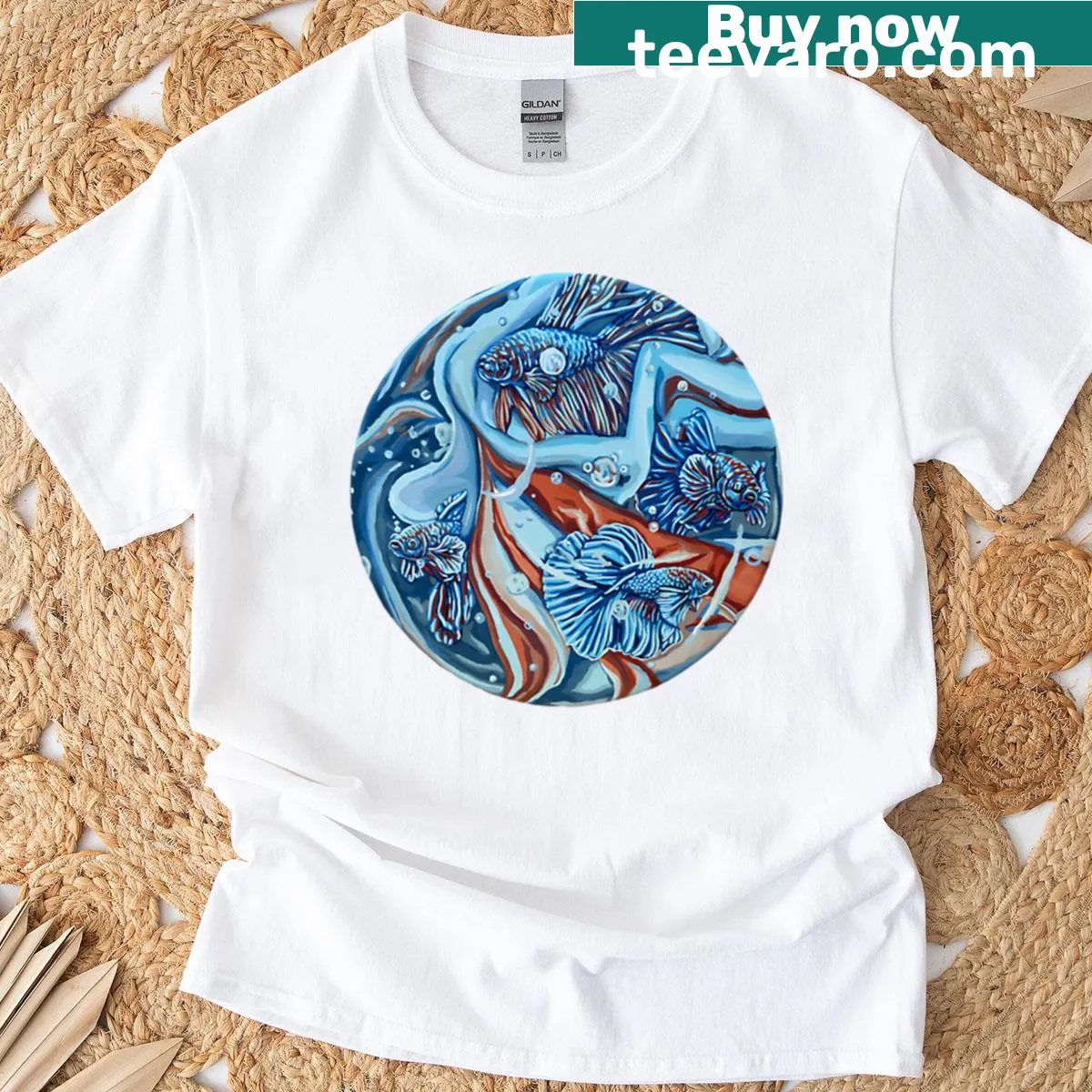 Minimalist marble fish design on a T-shirt — on a men's t-shirt