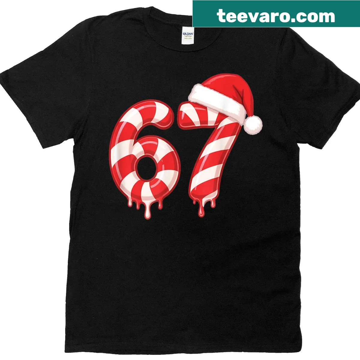 Holiday T-shirt featuring melting candy cane design and Santa hat — on a men's t-shirt