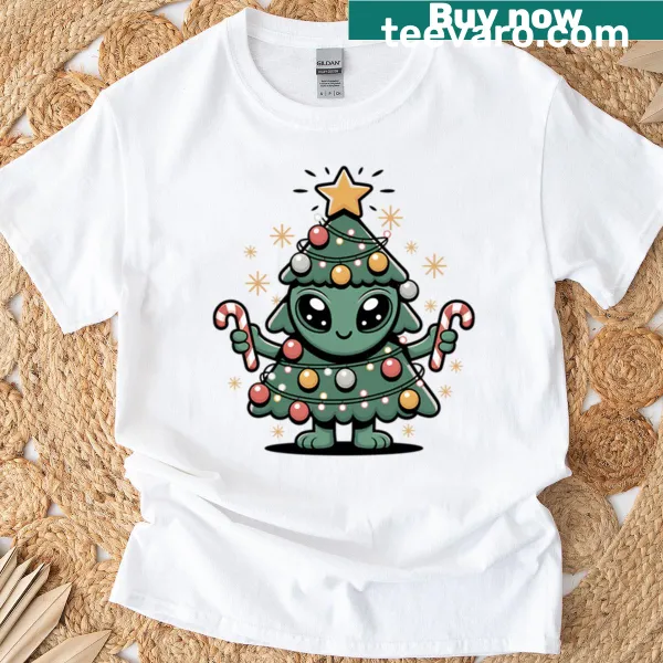 Kawaii Alien themed Christmas t-shirt with cartoon alien and tree