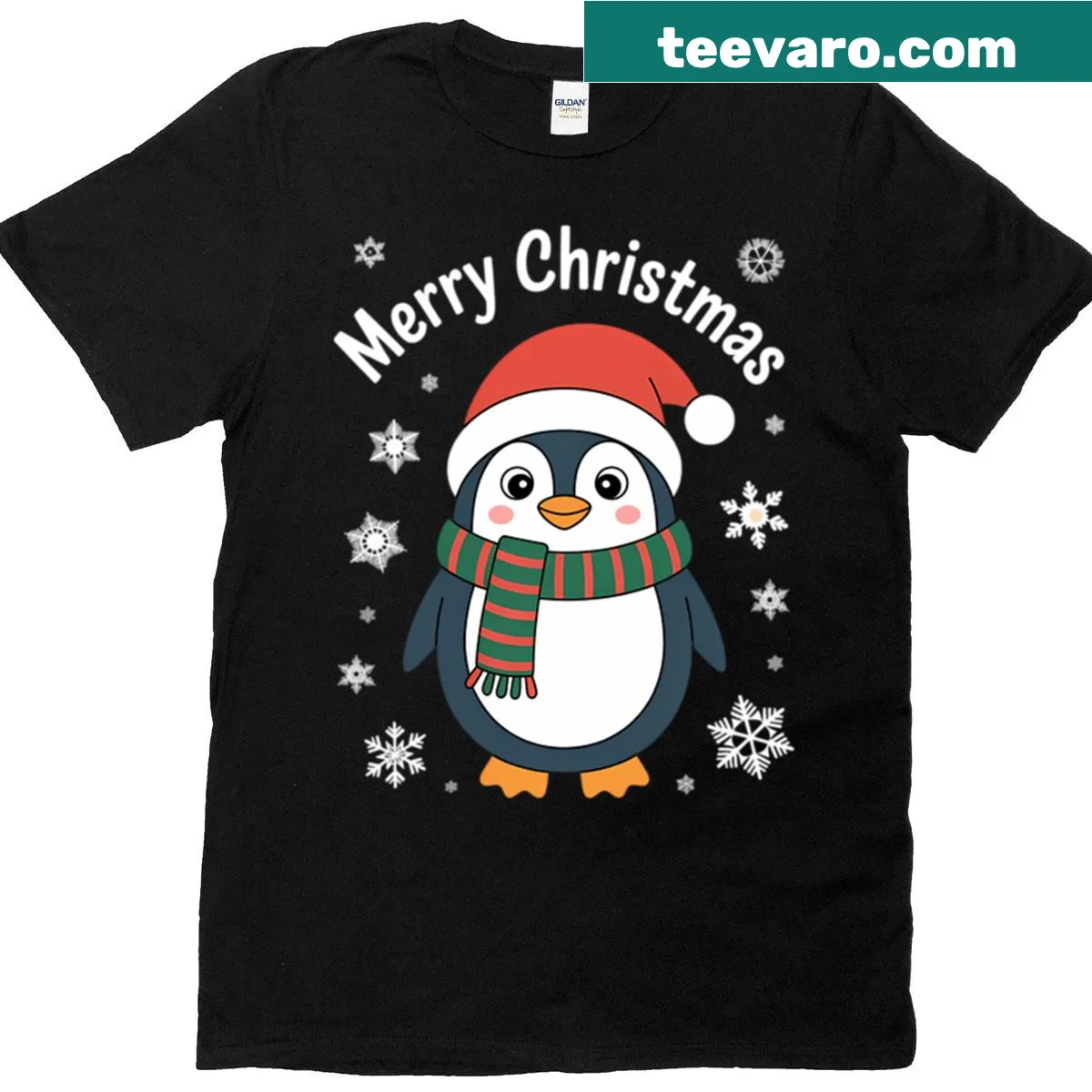 Cute penguin wearing a Santa hat for Christmas — on a men's t-shirt