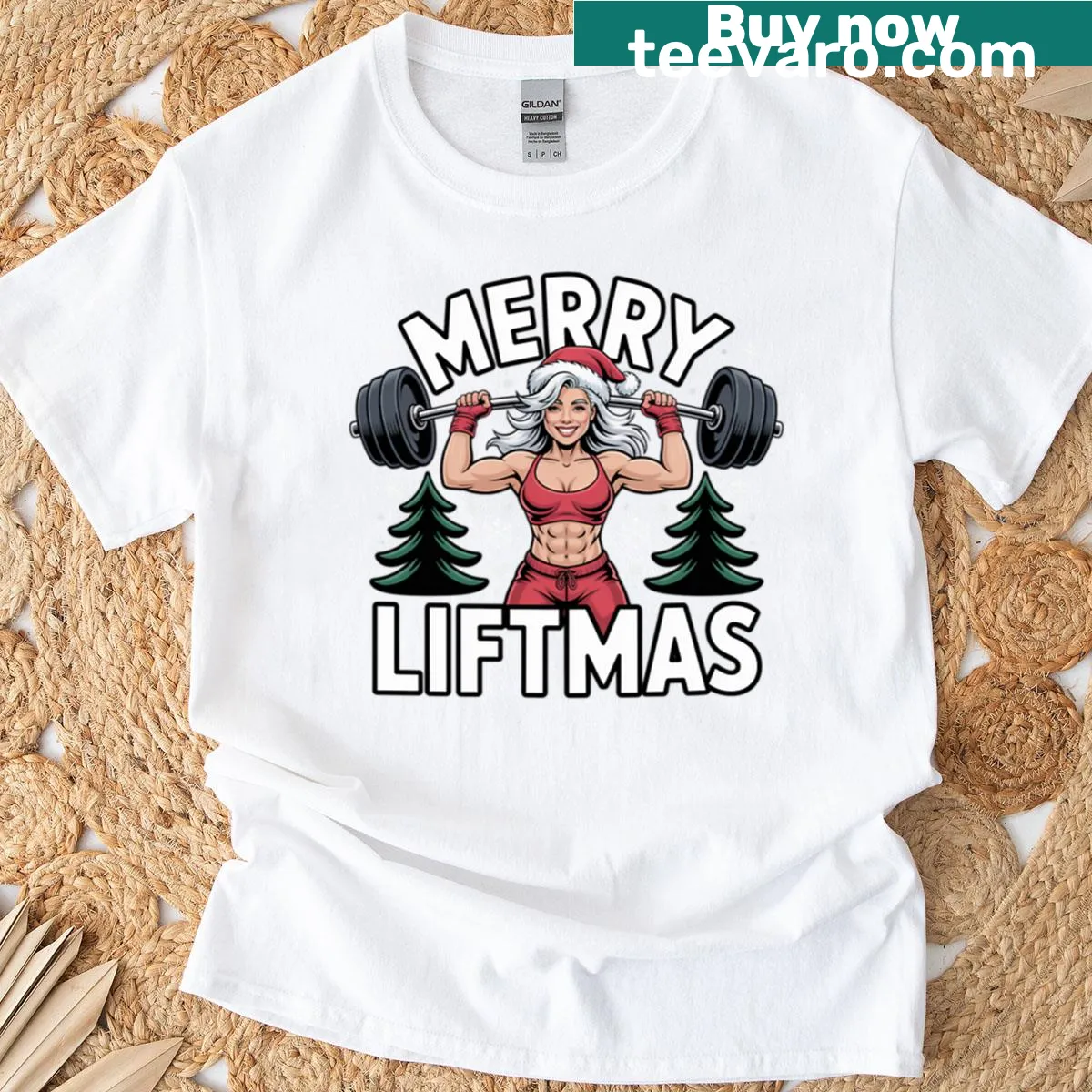 Comic-style T-shirt with a strong woman lifting weights — on a men's t-shirt