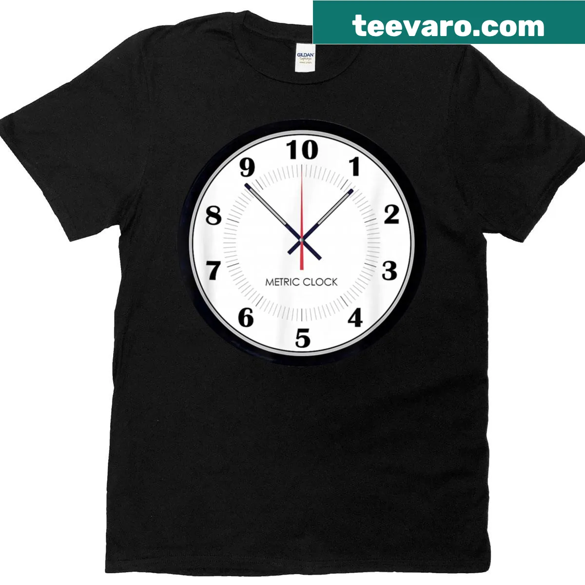 Funny math-themed t-shirt with a metric clock graphic and pun — on a men's t-shirt