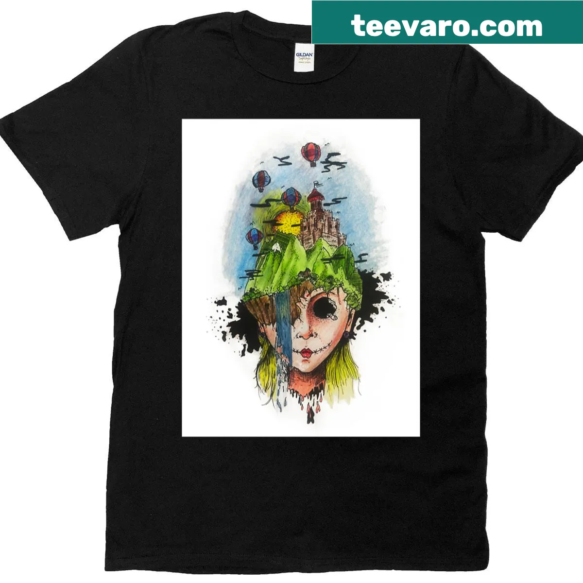 Surreal portrait illustration t-shirt with abstract elements — on a men's t-shirt