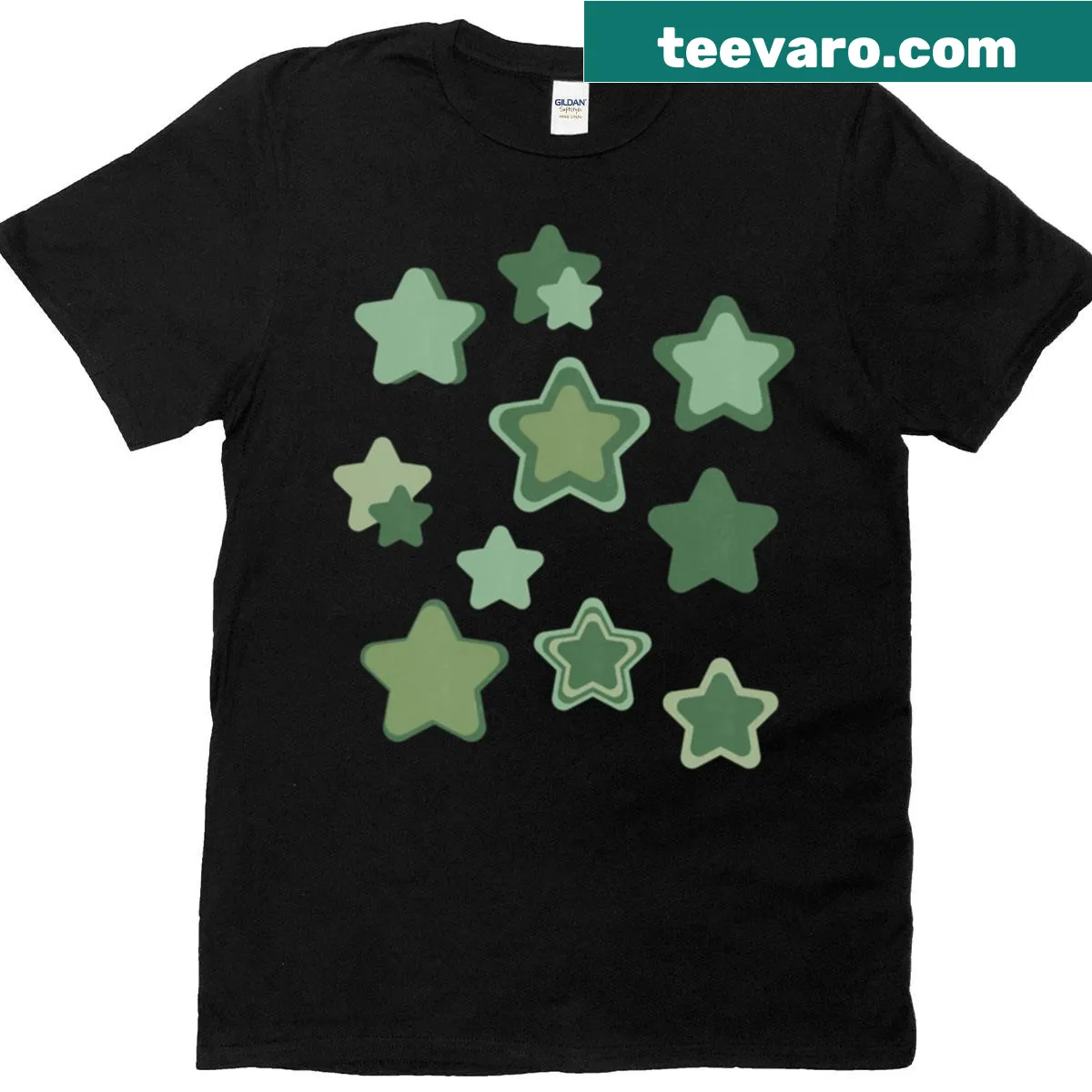 Minimalist design featuring green star graphics — on a men's t-shirt