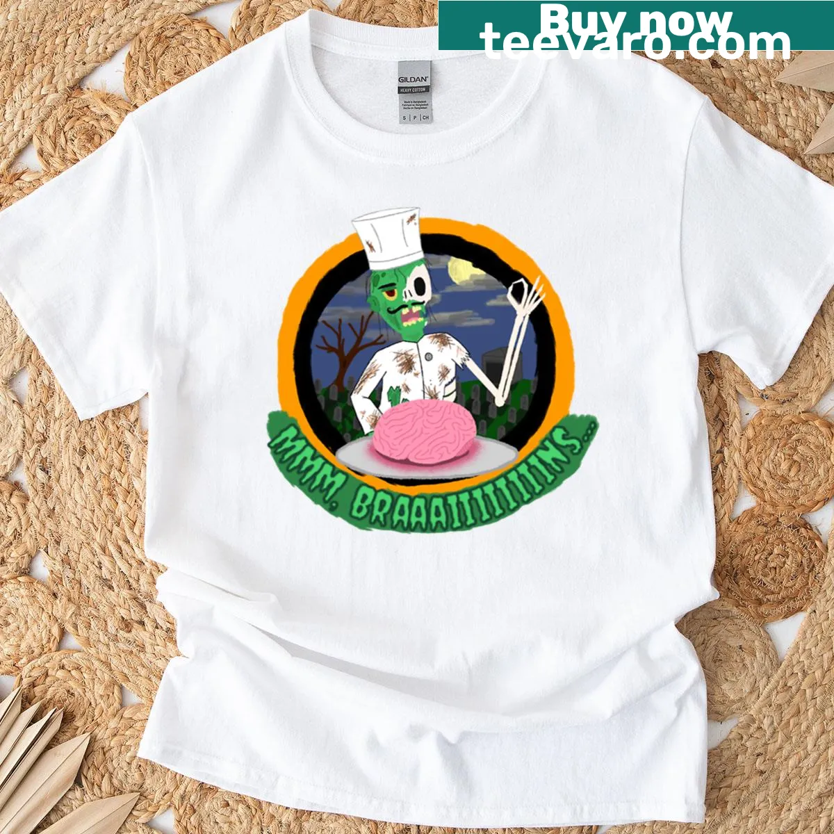 T-shirt featuring the humorous phrase 'Mmm Braaaiiiiiiiins' — on a men's t-shirt