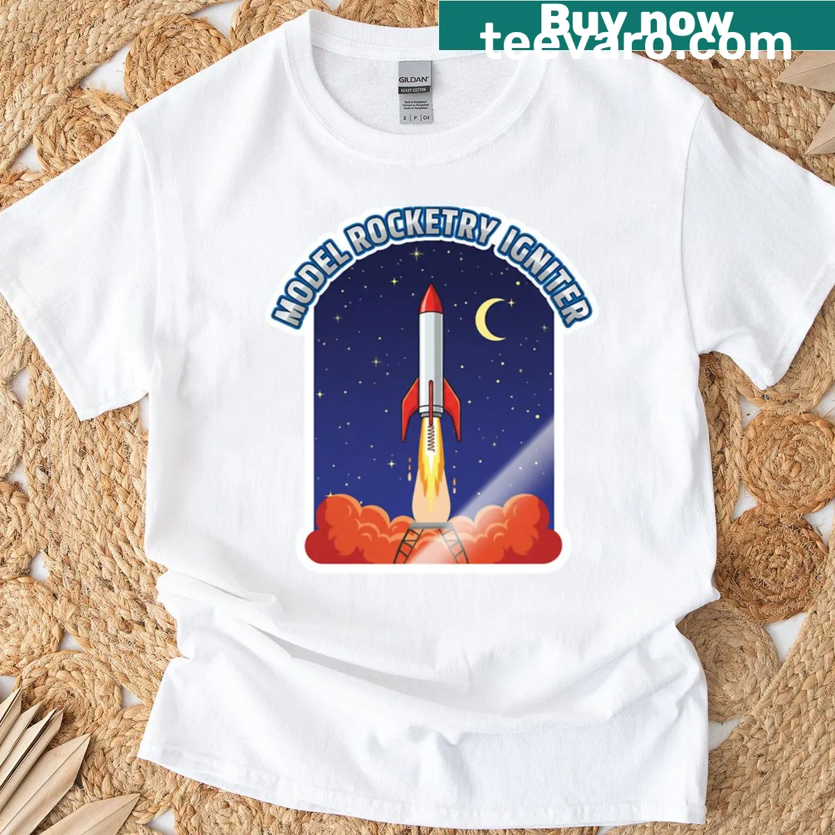 Cartoon rocket graphic T-shirt celebrating model rocketry — on a men's t-shirt