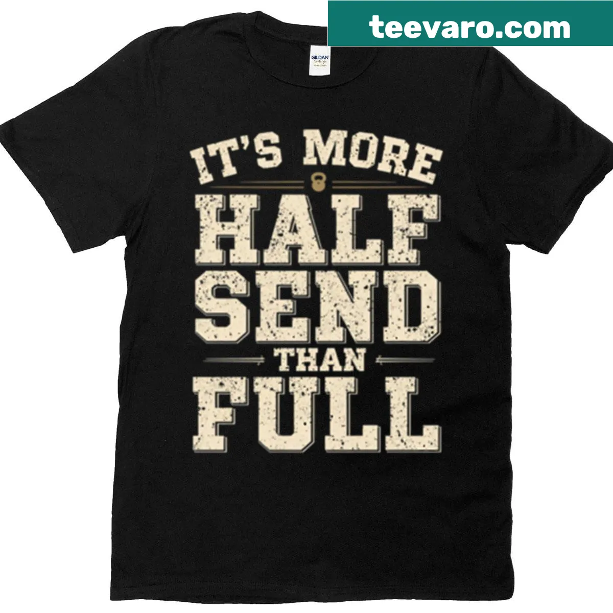 Oversized t-shirt with playful gold glitter text saying More Half Send Than Full — on a men's t-shirt
