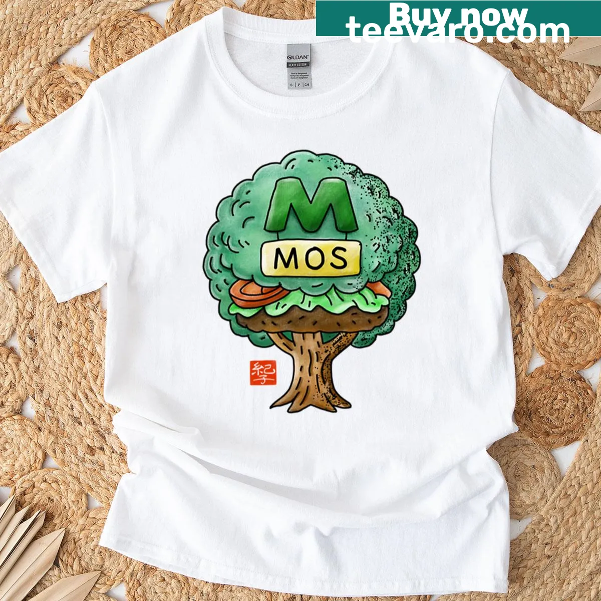 Graphic of Mos Burger showcasing its layers on t-shirt — on a men's t-shirt