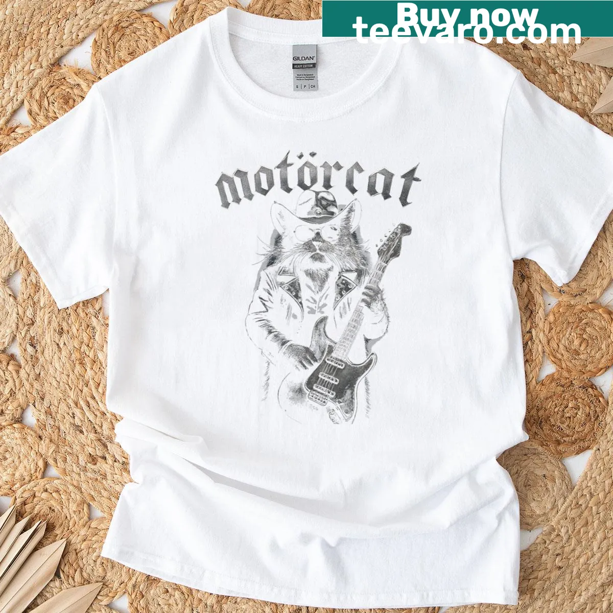 Funny Motrcat t-shirt with cartoon cat in rock pose — on a men's t-shirt
