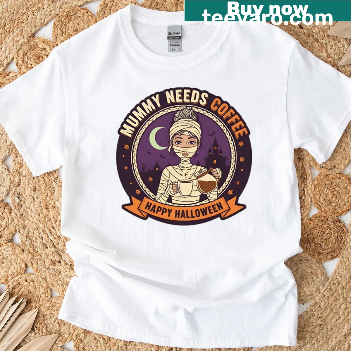 Funny Mummy Needs Coffee t-shirt with playful typography — on a men's t-shirt