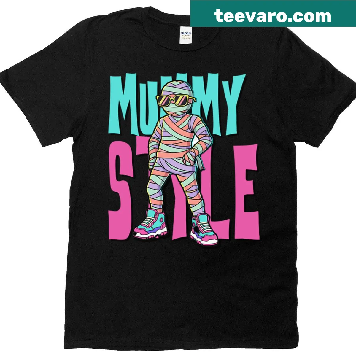Cartoon-style mummy graphic t-shirt for Halloween — on a men's t-shirt
