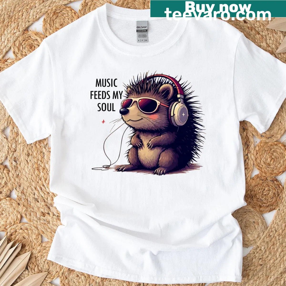 Cute hedgehog graphic T-shirt for music lovers — on a men's t-shirt