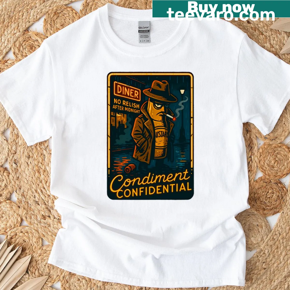 Illustration of a mustard bottle detective in a rainy diner scene — on a men's t-shirt