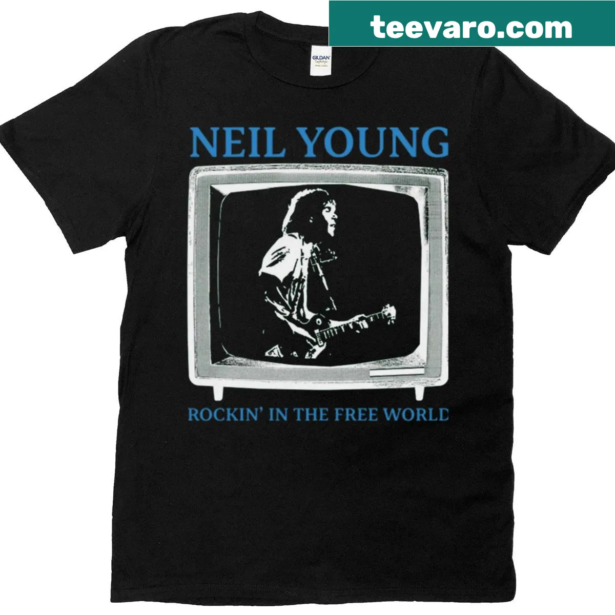 Neil Young fan art t-shirt featuring artistic illustrations — on a men's t-shirt