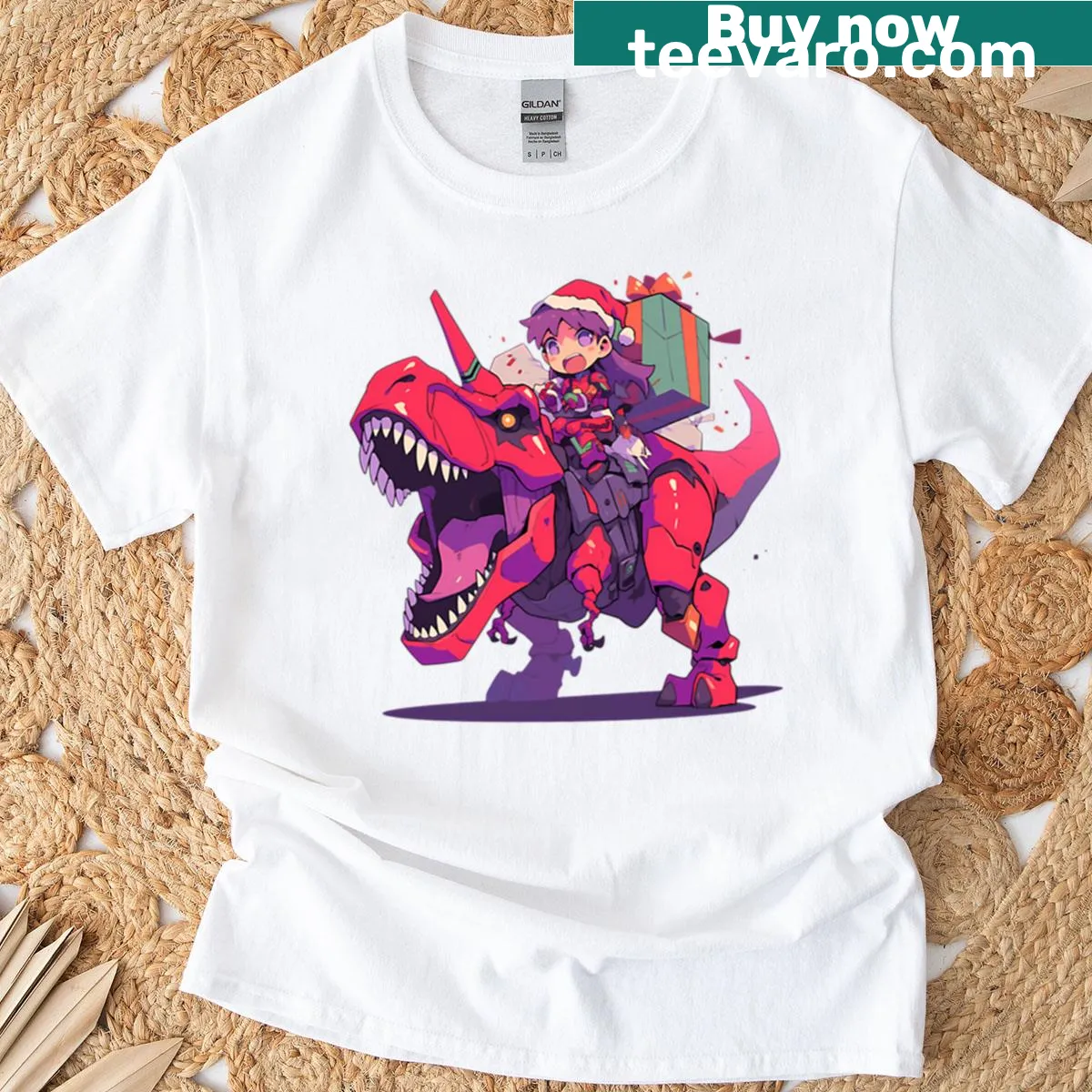 Anime-inspired Christmas T-shirt with mecha dinosaur ride graphic — on a men's t-shirt