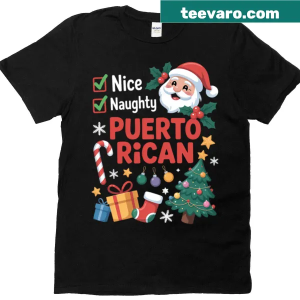Festive t-shirt featuring 'Nice Naughty' text and Santa design celebrating Puerto Rican culture.
