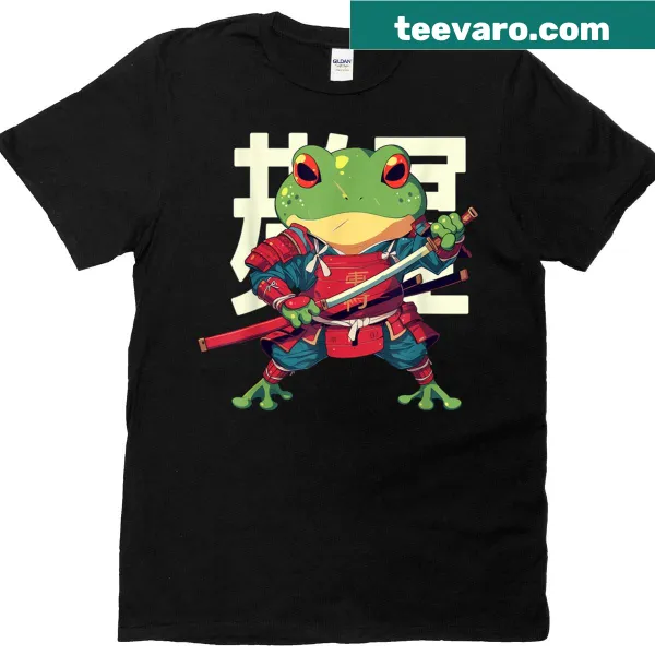 Cartoon frog dressed as a ninja with a katana and kanji symbols.