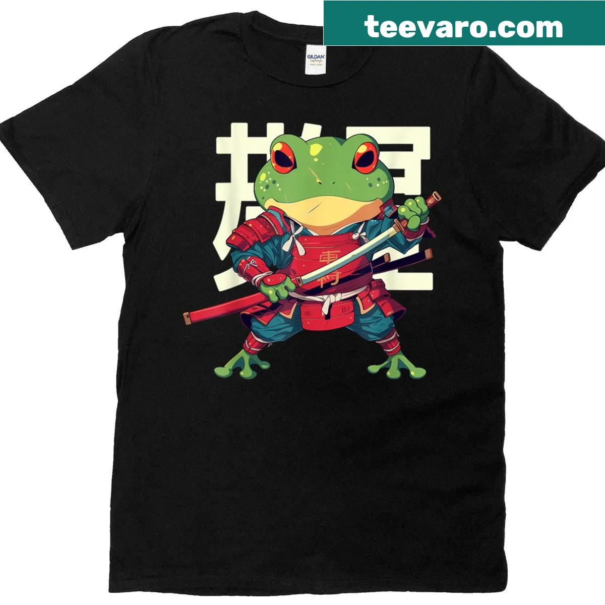 Cartoon frog dressed as a ninja with a katana and kanji symbols. — on a men's t-shirt