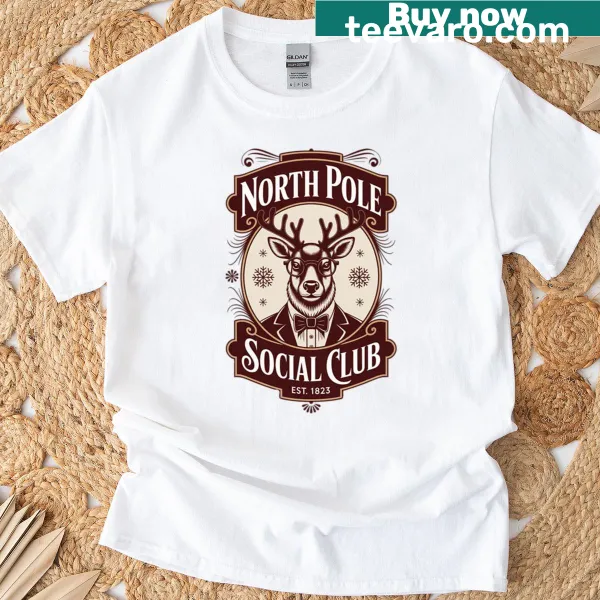 Whimsical North Pole Social Club graphic on t-shirt