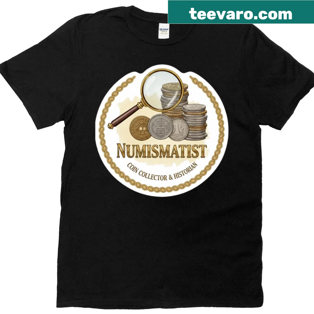 Vintage T-shirt celebrating numismatist coin collecting — on a men's t-shirt