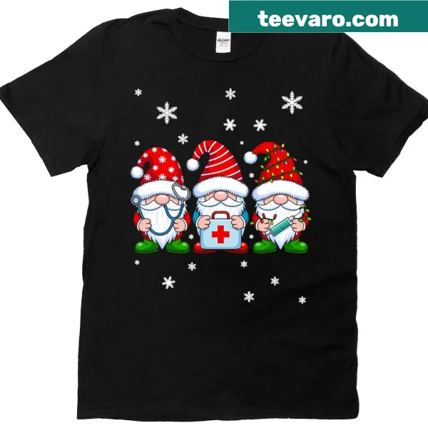 Cute Christmas gnomes design for nurses on a T-shirt.