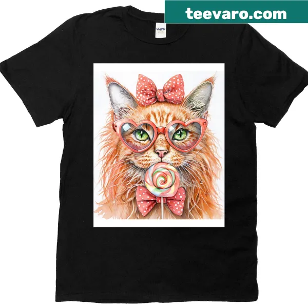 T-shirt with illustration of an orange cat wearing glasses