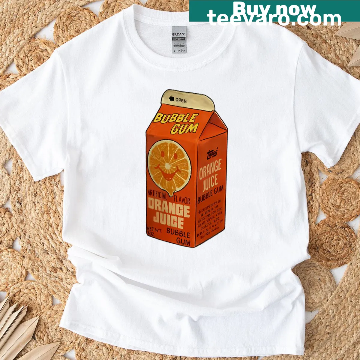 Playful graphic design featuring orange juice and bubble gum — on a men's t-shirt