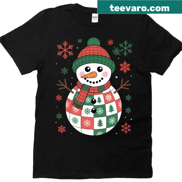 Funny patchwork snowman design on holiday t-shirt