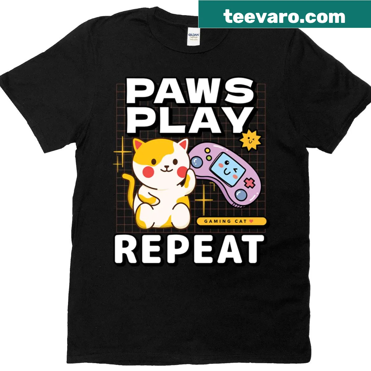 Kawaii T-shirt with a cute cat design and gaming theme. — on a men's t-shirt