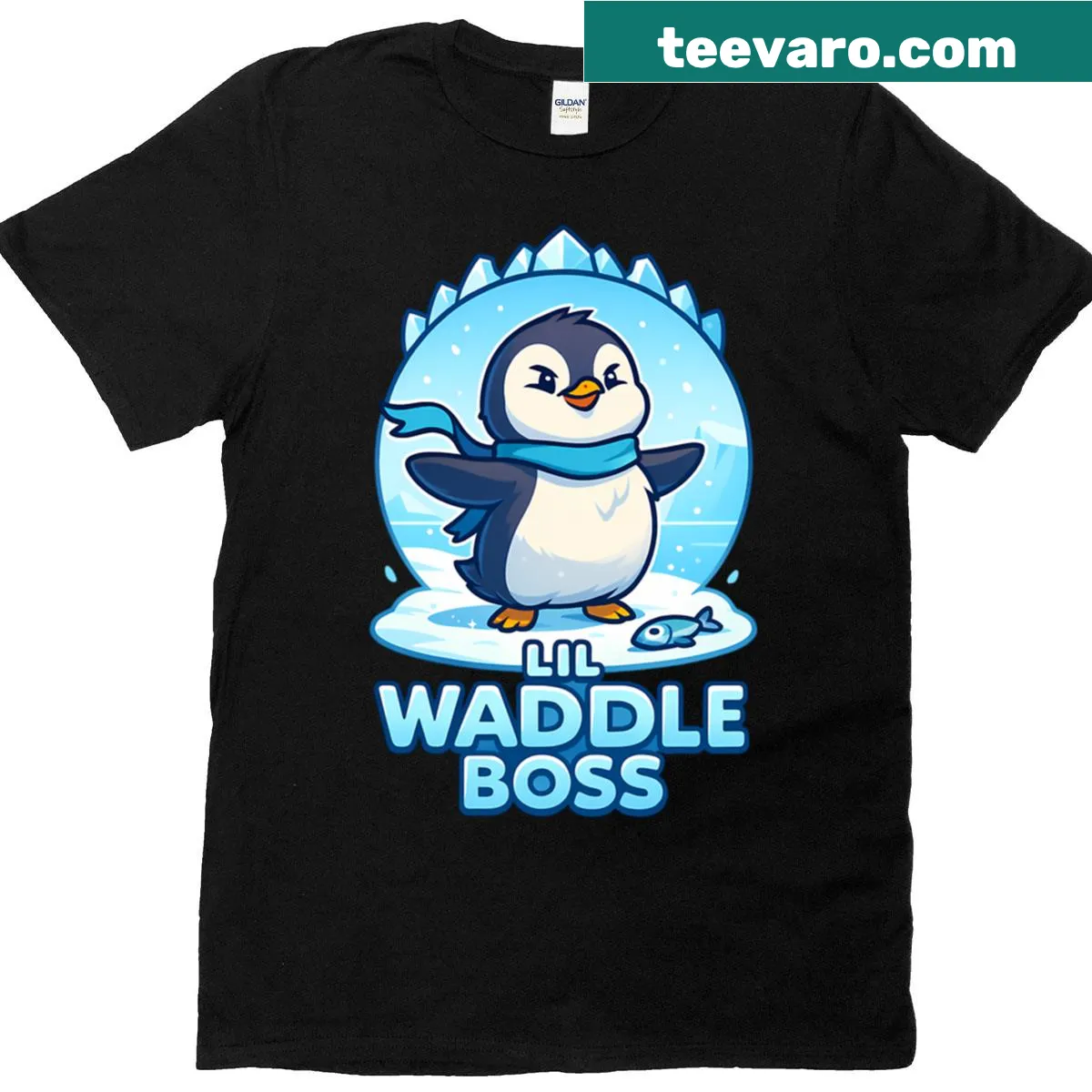 Illustration of a penguin on an iceberg with snowflakes. — on a men's t-shirt
