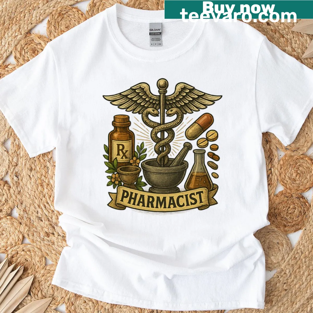 Vintage T-shirt featuring a medical emblem for pharmacists — on a men's t-shirt