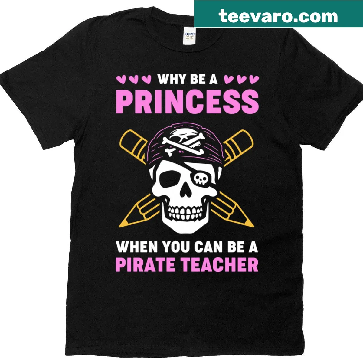 Pirate-themed teacher t-shirt with skull graphic — on a men's t-shirt
