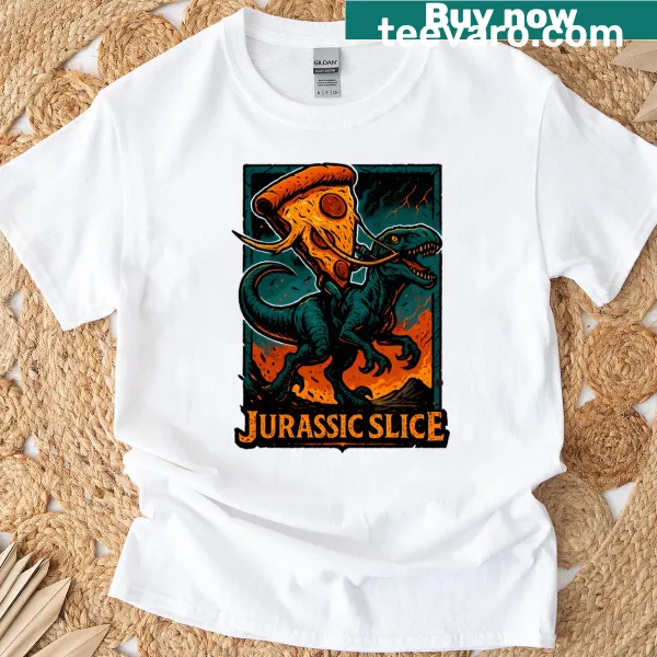Oversized T-shirt featuring a velociraptor eating pizza in a humorous design