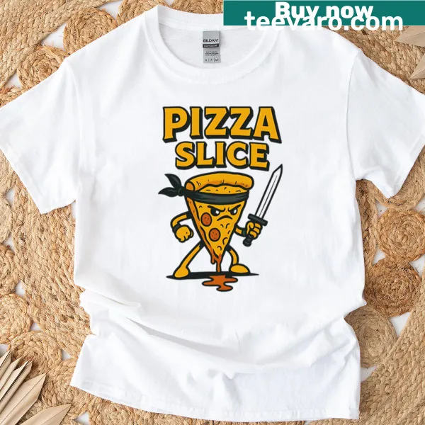 Cartoon T-shirt featuring a slice of pizza with cheese and pepperoni