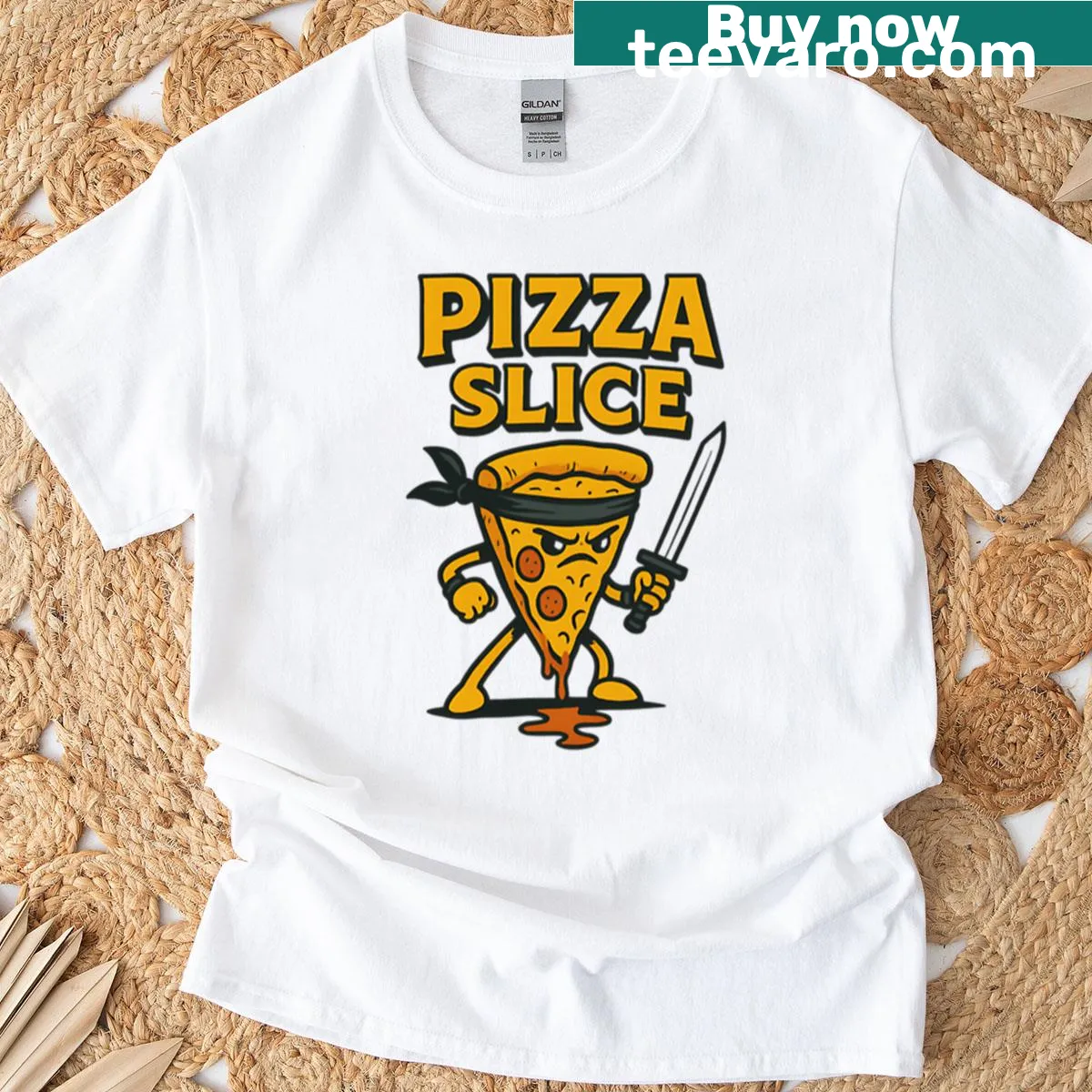 Cartoon T-shirt featuring a slice of pizza with cheese and pepperoni — on a men's t-shirt