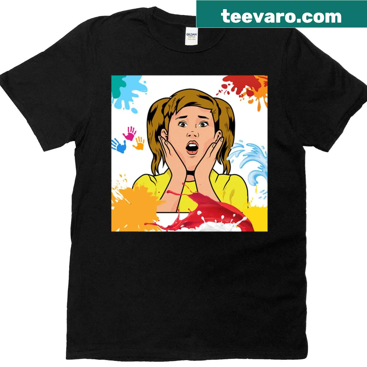Boxy T-shirt with playful pop art girl graphic — on a men's t-shirt